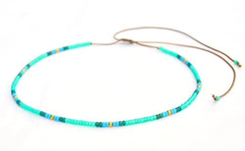 Beaded Choker Necklace for women and Teen Girls, Boho Bohemian Adjustable Colorful Seed Beads Necklace, Handmade Native American Style Jewelry by TRIBES - color: Turquoise-Green, style: Single Necklace
