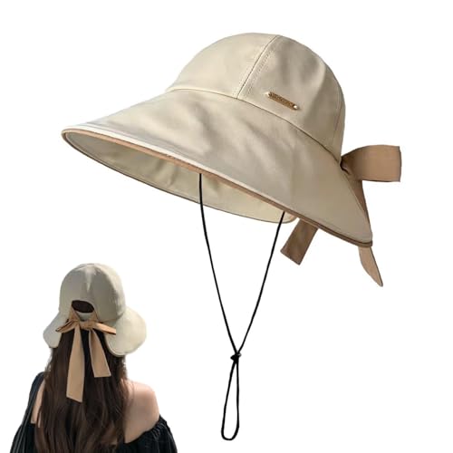 Wide Brim Hats for Woman Foldable Hats Sun Hats for Women uv Protection Bowknot Bucket hat Adjustable hat with Ponytail Hole - color: Beige