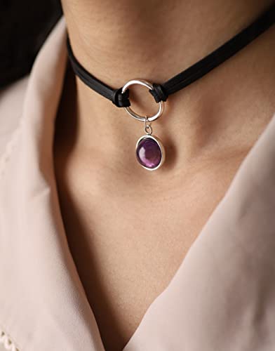 Sacina O Ring Crystal Choker, Black Choker, Boho Hippie Necklace, Gothic Necklace, Christmas Jewelry Gift for Women - color: purple