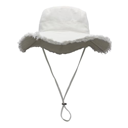 LLmoway Womens UPF50+ Cotton Wide Brim Sun Hat with Strap Ladies Summer Floppy Hats Packable Women Washed Fringes Bucket Hat - color: White