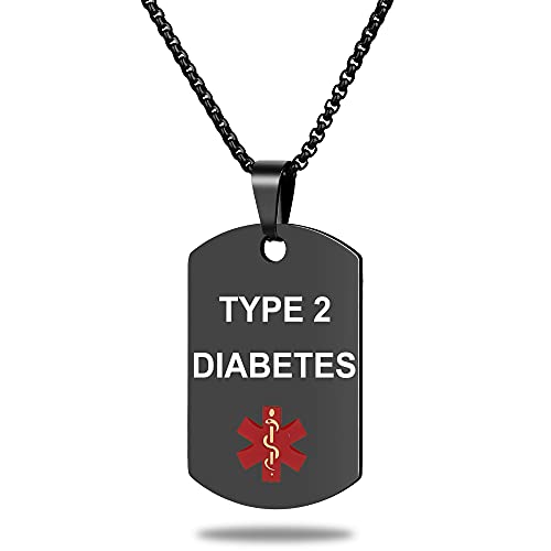 Medical Alert ID Necklace, Laser Engraved TYPE 2 DIABETES, Stainless Steel Tag Pendant with 23.6 inch Chain for Men Women Diabetic Emergency First Aid - color: Black, size: TYPE 2 DIABETES