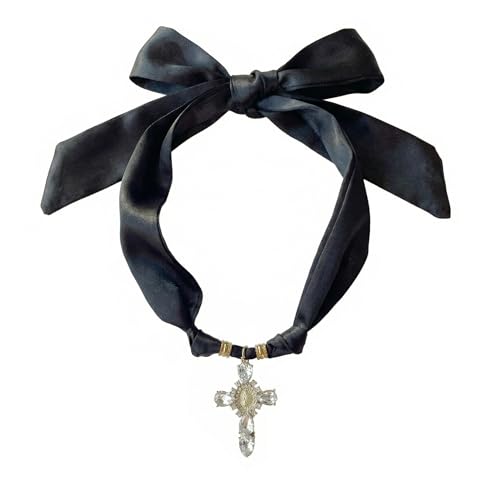 Scarf Necklace for Women Choker Necklace Cross Pendant Trendy Vintage Handmade Charm Jewelry Gift Leopard Silk Bandana Western Bohemian - color: Black