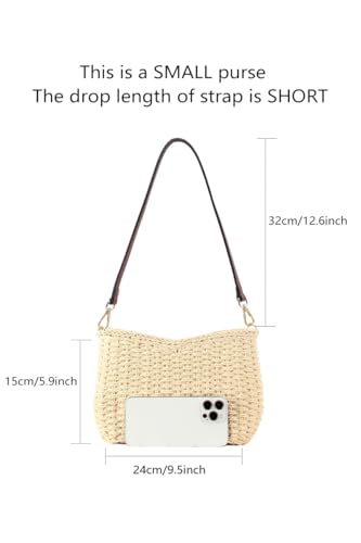 Women Small Hand Woven Straw Bag Mini Handmade Summer Beach Purse Chic Vacation Shoulder Handbag | Small, Mini, Handmade, Underarm, Square, Purse - color: Brown - Cognac Strap