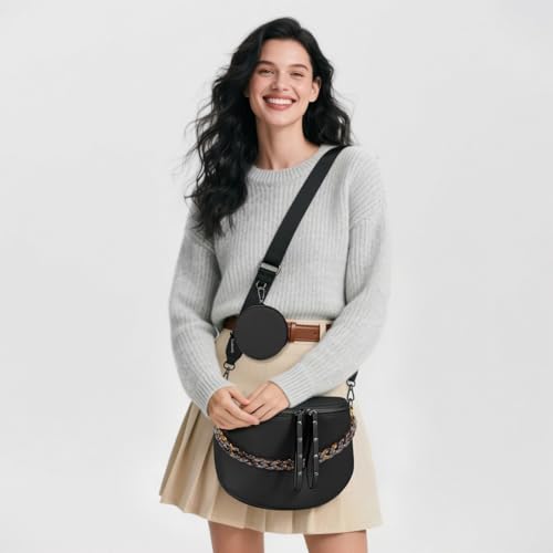 Crossbody Bags for Women, Large Vegan Leather Trendy Bum Bag - color: Black+amber Chain