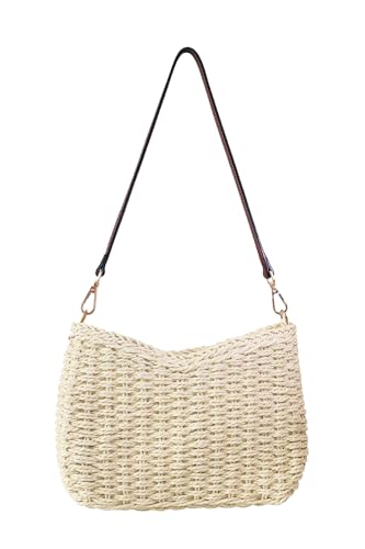 Women Small Hand Woven Straw Bag Mini Handmade Summer Beach Purse Chic Vacation Shoulder Handbag | Small, Mini, Handmade, Underarm, Square, Purse - color: Beige - Cognac Strap
