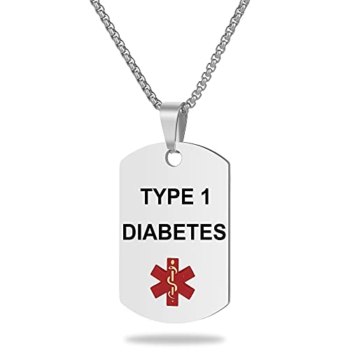 Medical Alert ID Necklace, Laser Engraved TYPE 1 DIABETES, Stainless Steel Tag Pendant with 23.6 inch Chain for Men Women Diabetic Emergency First Aid - color: Silver, size: TYPE 1 DIABETES