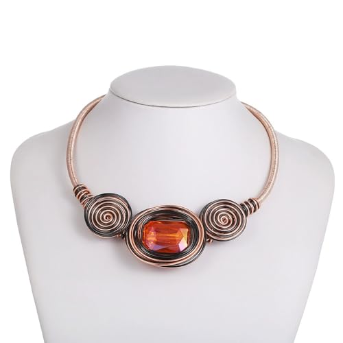 Chunky African Costume Necklace for Women - Colorful Ethnic Boho Bib Collar Choker,Tribal Wire Wrapped Big Stone Crystal Statement Handmade Jewelry - color: rose gold