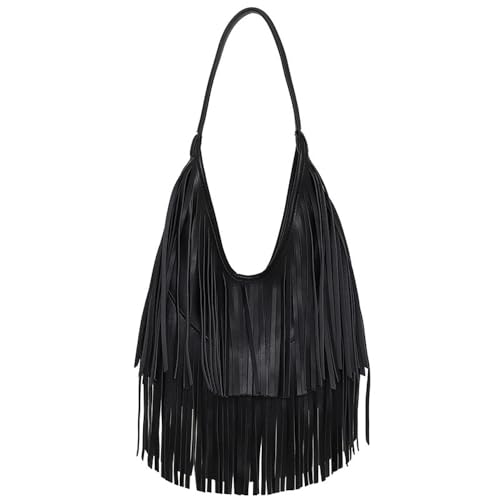 Fringe Hobo Shoulder Bag Vegan Leather Layered Tassel Women Purse Bags | layered tassel - color: Black