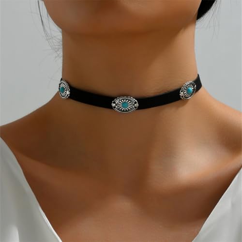 Western Turquoise Choker Necklace for Women Gothic Black Choker Necklaces Boho Summer Cowgirl Rodeo Country Concert Outfits Jewelry Accessories - color: Black Turquoise