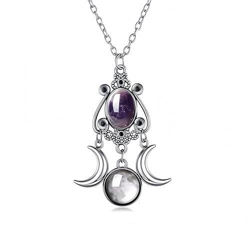 Gothic Vintage Gem Pendant Necklace | Victorian Style Filigree Silver-Tone Jewelry | Ideal Gift for Party Cosplay & Daily Wear - color: Purple Triple Moon