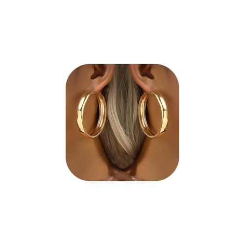 Chunky Gold Silver Hoop Earrings for Women Wide Flat Huggie Hoops Dangle Earrings Big Large Punk Smooth Surface Statement Earrings Fashion Jewelry - color: A Gold