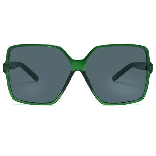 Dollger Oversized Square Sunglasses for Women Big Large Wide Fashion Shades for Men UV Protection Unisex - color: K:dark Green Frame Grey Lens