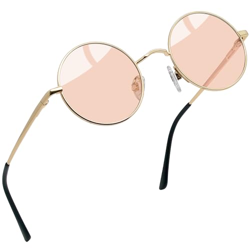 Joopin Retro Small Round Sunglasses Hippie Circle Sun Glasses Polarized UV400 Protection Metal Shades for Men Women - color: Golden Frame Light Pink Lens