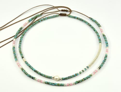 Beaded Choker Necklace for women and Teen Girls, Boho Bohemian Adjustable Colorful Seed Beads Necklace, Handmade Native American Style Jewelry by TRIBES - color: Turquoise & Pink, style: Set of 2 Necklaces