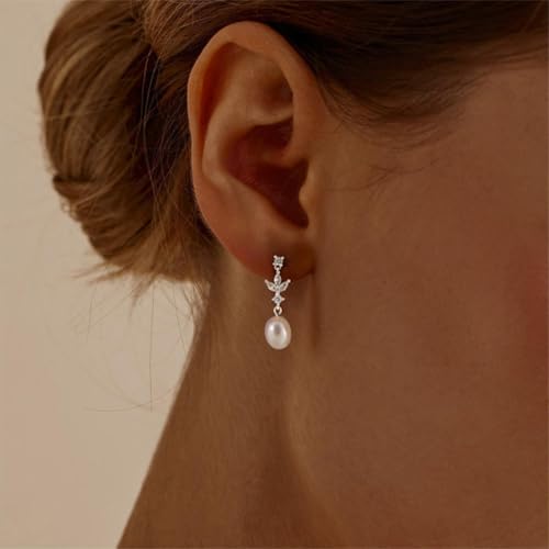 Hayopi Pearl Earrings for Women - Dainty Gold Dangle Drop Earrings, 14k Gold Plated Cute Bow Design, Hypoallergenic Pearl Studs, Wedding Jewelry Gifts - color: silver-silver 3 leaf earrings