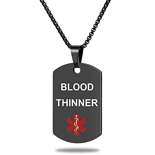 Medical Alert ID Necklace, Laser Engraved Blood THINNER, Stainless Steel Tag Pendant with 23.6 inch Chain for Men Women Emergency First Aid - color: Black, size: BLOOD THINNER