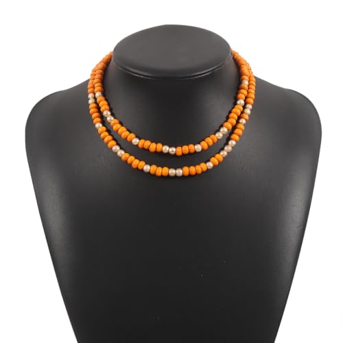 COLORFUL BLING Layered Boho Wood Beaded Choker Necklace Vintage Natural Wooden Bead Collar Necklace for Women Handmade Tribal Bohemian Jewelry - color: Orange