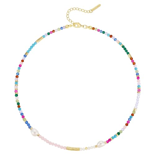 KissYan Beaded Choker Necklace for Women, Colorful Natural Gemstones Pearl Choker 14K Gold Plated Pendant Healing Crystal Necklace Handmade Stone Jewelry Gift - color: H-Colorful Pearl