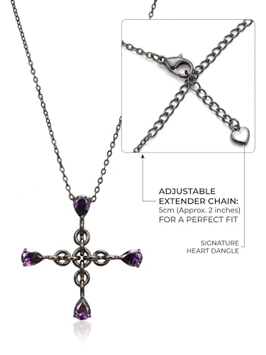 Gothic Black Cross Necklace for Men Women, Purple Teardrop Cubic Zirconia Pendant, Vintage Y2K Dark Aesthetic Jewelry, Unique Easter Gifts