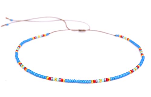 Beaded Choker Necklace for women and Teen Girls, Boho Bohemian Adjustable Colorful Seed Beads Necklace, Handmade Native American Style Jewelry by TRIBES - color: Blue Multicolor, style: Single Necklace