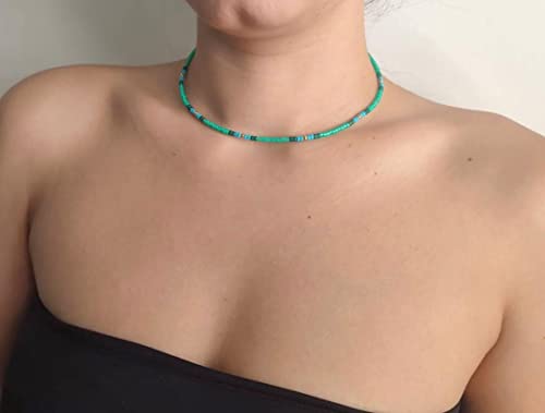 Beaded Choker Necklace for women and Teen Girls, Boho Bohemian Adjustable Colorful Seed Beads Necklace, Handmade Native American Style Jewelry by TRIBES - color: Turquoise-Green, style: Single Necklace