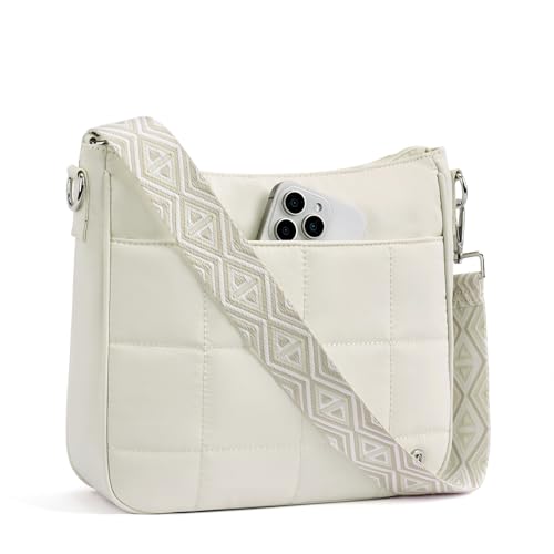 Anti Theft Crossbody Bags for Women,Quilted Puffer Travel Purses Shoulder Hobo Bag Handbag with Guitar Strap - color: Beige