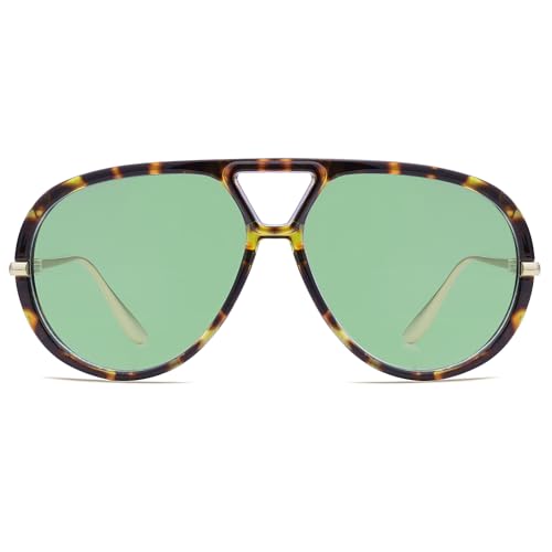 Trendy Retro Aviator Sunglasses with Side Shields for Women Men Oversized Plastic Round Large Vintage Shades - color: Tortoise Shell Frame, Green Lenses
