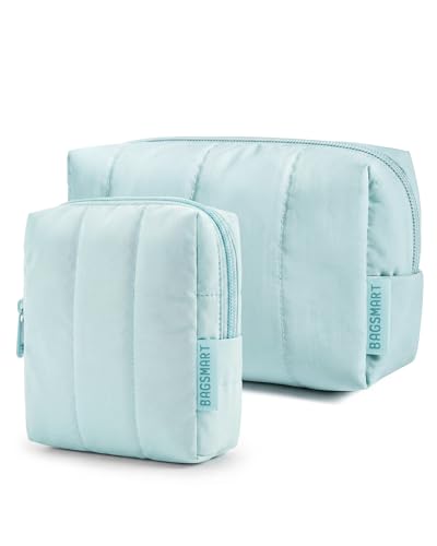 BAGSMART Makeup Bag Duo Set, Puffy Padded Travel Cosmetic Organizer with Slip-in Pockets, Large Toiletry Bag & Small Purse Pouch, Travel Essentials for Women, Blue - color: 15-Blue