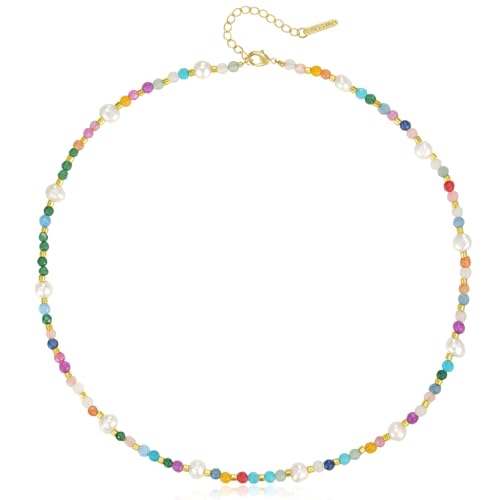 KissYan Beaded Choker Necklace for Women, Colorful Natural Gemstones Pearl Choker 14K Gold Plated Pendant Healing Crystal Necklace Handmade Stone Jewelry Gift - color: A-Rainbow