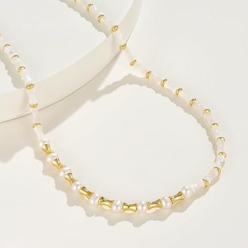 KissYan Beaded Choker Necklace for Women, Colorful Natural Gemstones Pearl Choker 14K Gold Plated Pendant Healing Crystal Necklace Handmade Stone Jewelry Gift - color: I-Shell Pearl