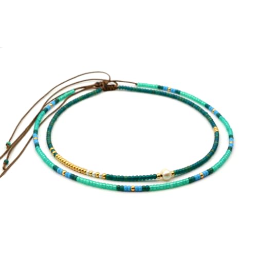 Beaded Choker Necklace for women and Teen Girls, Boho Bohemian Adjustable Colorful Seed Beads Necklace, Handmade Native American Style Jewelry by TRIBES - color: Turquoise-Green, style: Set of 2 Necklaces