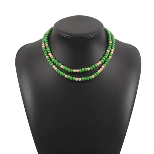 COLORFUL BLING Layered Boho Wood Beaded Choker Necklace Vintage Natural Wooden Bead Collar Necklace for Women Handmade Tribal Bohemian Jewelry - color: Green