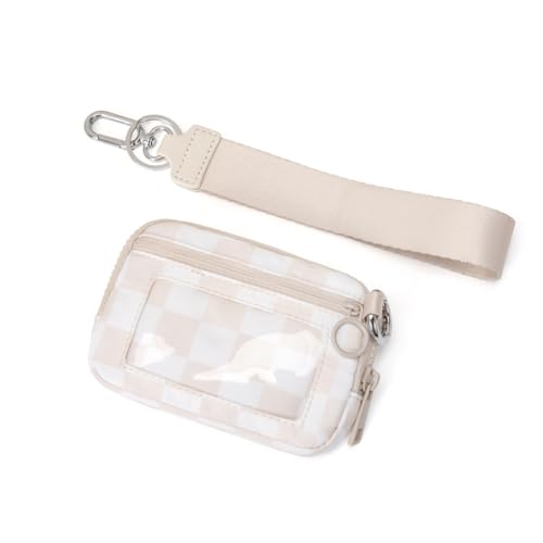 Nylon Wristlet Wallet for Women,Quilted RFID Blocking Small Zipper Coin Purse Keychain Wallet with ID Window Lightweight Travel Wristlet wallet - color: Beige