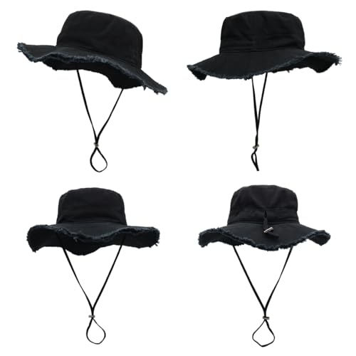 LLmoway Womens UPF50+ Cotton Wide Brim Sun Hat with Strap Ladies Summer Floppy Hats Packable Women Washed Fringes Bucket Hat - color: Black
