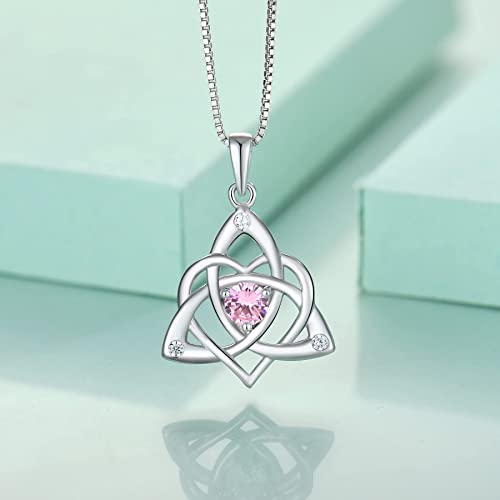 STARCHENIE Celtic Knot Necklace for Women 925 Sterling Silver Trinity Love Knot Pendant Birthstones Jewelry - color: 10-pink tourmaline-Oct