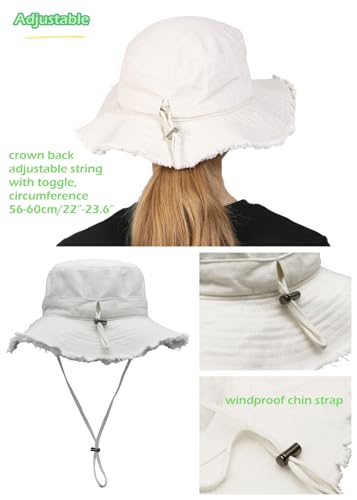 LLmoway Womens UPF50+ Cotton Wide Brim Sun Hat with Strap Ladies Summer Floppy Hats Packable Women Washed Fringes Bucket Hat - color: White
