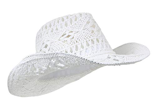 Men & Women's Summer Cowboy Cowgirl Straw Hat Hollow Out Woven Roll Up Wide Brim Sun Hat with Chin Strap - color: White
