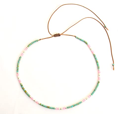 Beaded Choker Necklace for women and Teen Girls, Boho Bohemian Adjustable Colorful Seed Beads Necklace, Handmade Native American Style Jewelry by TRIBES - color: Turquoise & Pink, style: Single Necklace