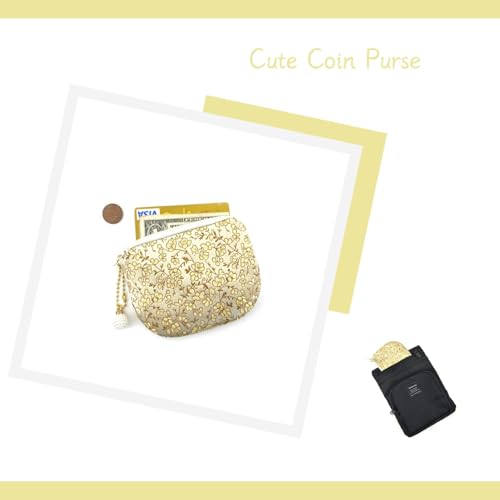 Handmade Women Coin Purse Rosary Pouch Silk Jewelry Bag Brocade Zipper Wallet - Golden - color: Golden