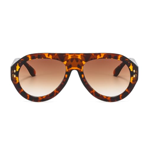 ENTHYI Pilot Sunglasses Popular Fashion Women Vintage Rivets Decoration Gradient Shades Ladies Hipster Round Sun Glasses - color: Leopard Print Tea