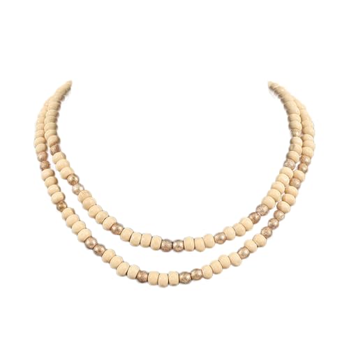 COLORFUL BLING Layered Boho Wood Beaded Choker Necklace Vintage Natural Wooden Bead Collar Necklace for Women Handmade Tribal Bohemian Jewelry - color: Beige