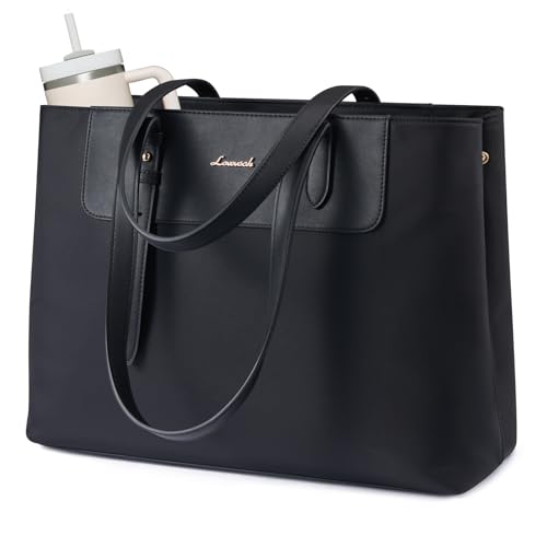 LOVEVOOK Laptop Tote Bag for Women, Water-Resistant Work Tote Bag Large Capacity Computer Bag for Travel, Nylon & PU - color: Black, size: 15.6Inch