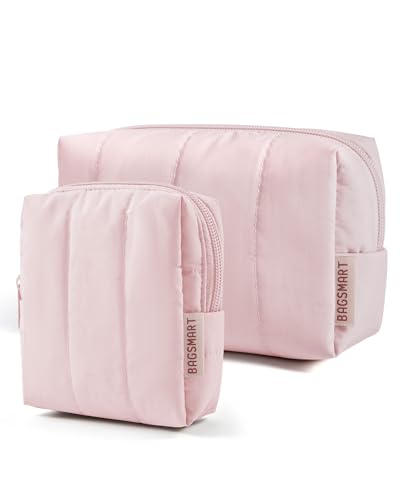 BAGSMART Makeup Bag Duo Set, Puffy Padded Travel Cosmetic Organizer with Slip-in Pockets, Large Toiletry Bag & Small Purse Pouch, Travel Essentials for Women, Baby Pink - color: 12-Baby Pink
