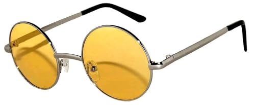 OWL Round Retro Small Circle Tint & Mirror Colored Lens 43-55 mm Sunglasses Metal - color: 43mm Silver / Yellow