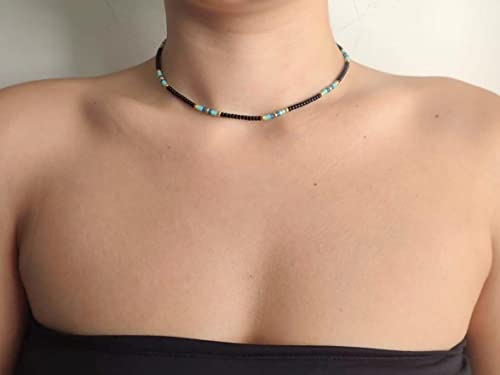 Beaded Choker Necklace for women and Teen Girls, Boho Bohemian Adjustable Colorful Seed Beads Necklace, Handmade Native American Style Jewelry by TRIBES - color: Black multicolor, style: Single Necklace