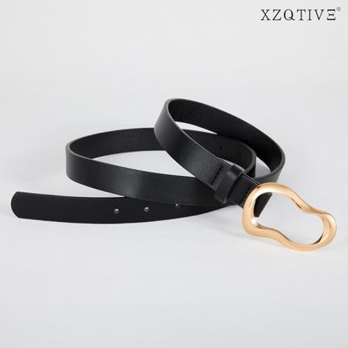 XZQTIVE Leather Belts for Women Casual Fashion Waist Belt for Jeans Pants Dresses with Unique Liquid Shapes Gold Buckle - color: Black, size: Fit Waist 40-47in