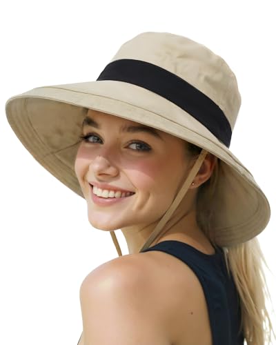 Senker Fashion Sun Hats for Women UV Protection, Waterproof Ponytail Wide Brim Bucket Hat for Summer Beach Gardening Travel - color: Khaki