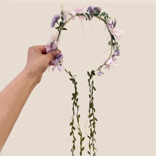 Boho Floral Crown for Women– Adjustable Faux Silk Flower Headband, Handmade Wedding Hair Accessory for Festivals & Photoshoots, Flower Hair Crown for Women (Purple Pink Flower, Adjustable) - color: Purple Pink Flower