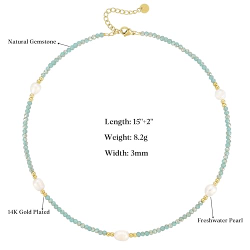 KissYan Beaded Choker Necklace for Women, Colorful Natural Gemstones Pearl Choker 14K Gold Plated Pendant Healing Crystal Necklace Handmade Stone Jewelry Gift - color: C-Pearl