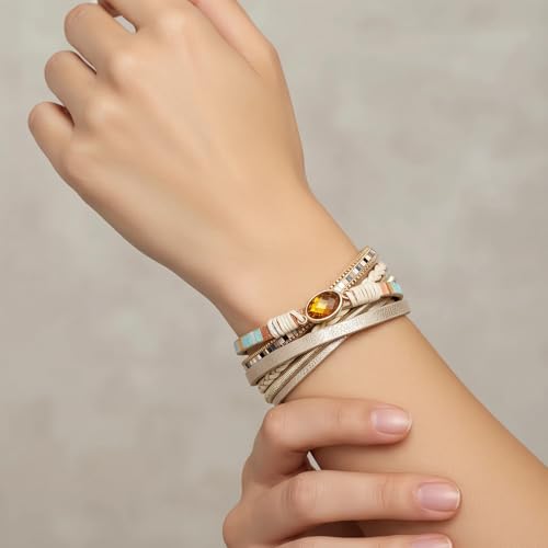 Edoneery Leather Wrap Bracelet for Women, Boho Handmade Multi-Layer Cuff with Crystal Beads Heart, Stackable Bangle Western Jewelry Gift - style: BohoKhaki
